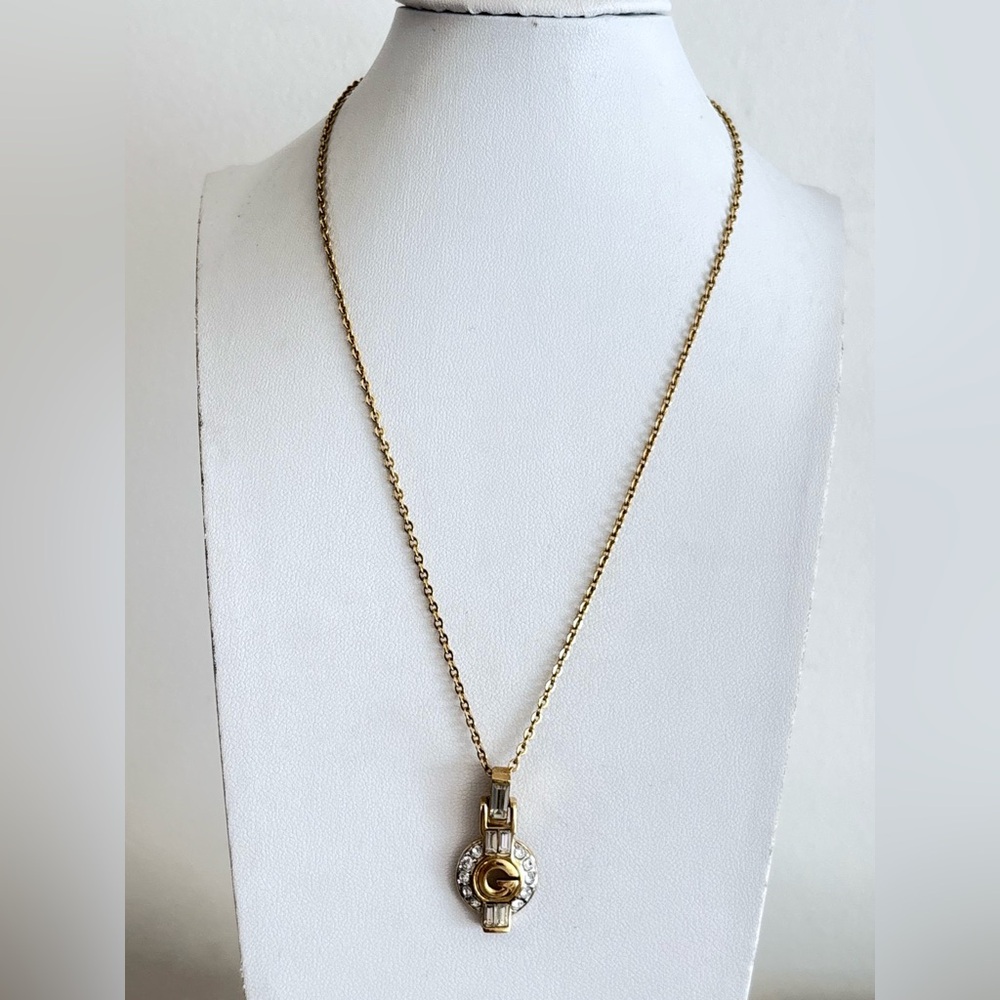 Givenchy Vintage Gold Tone Crystal Rhinestone G Necklace